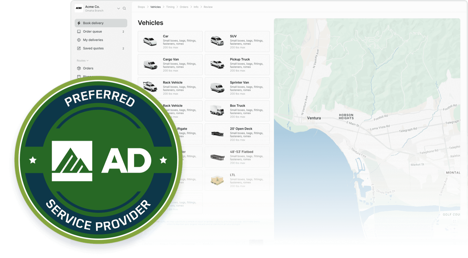 Curri for Affiliated Distributors — AD Preferred Service Provider badge over a delivery route map showing multi-stop distribution runs