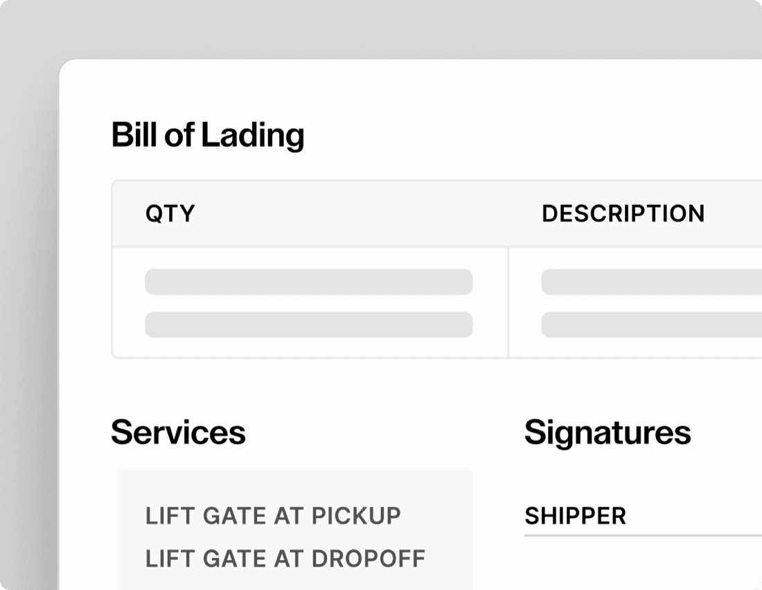 Curri auto-generated Bill of Lading — structured BOL form with QTY, description, services (lift gate at pickup/dropoff), and shipper/consignee signature fields