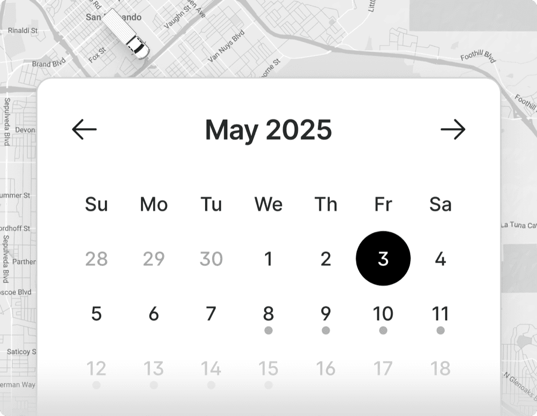 Curri LTL scheduling interface — May 2025 calendar overlaid on a city map, letting shippers pick a pickup date for local, regional, or long-haul less-than-truckload freight