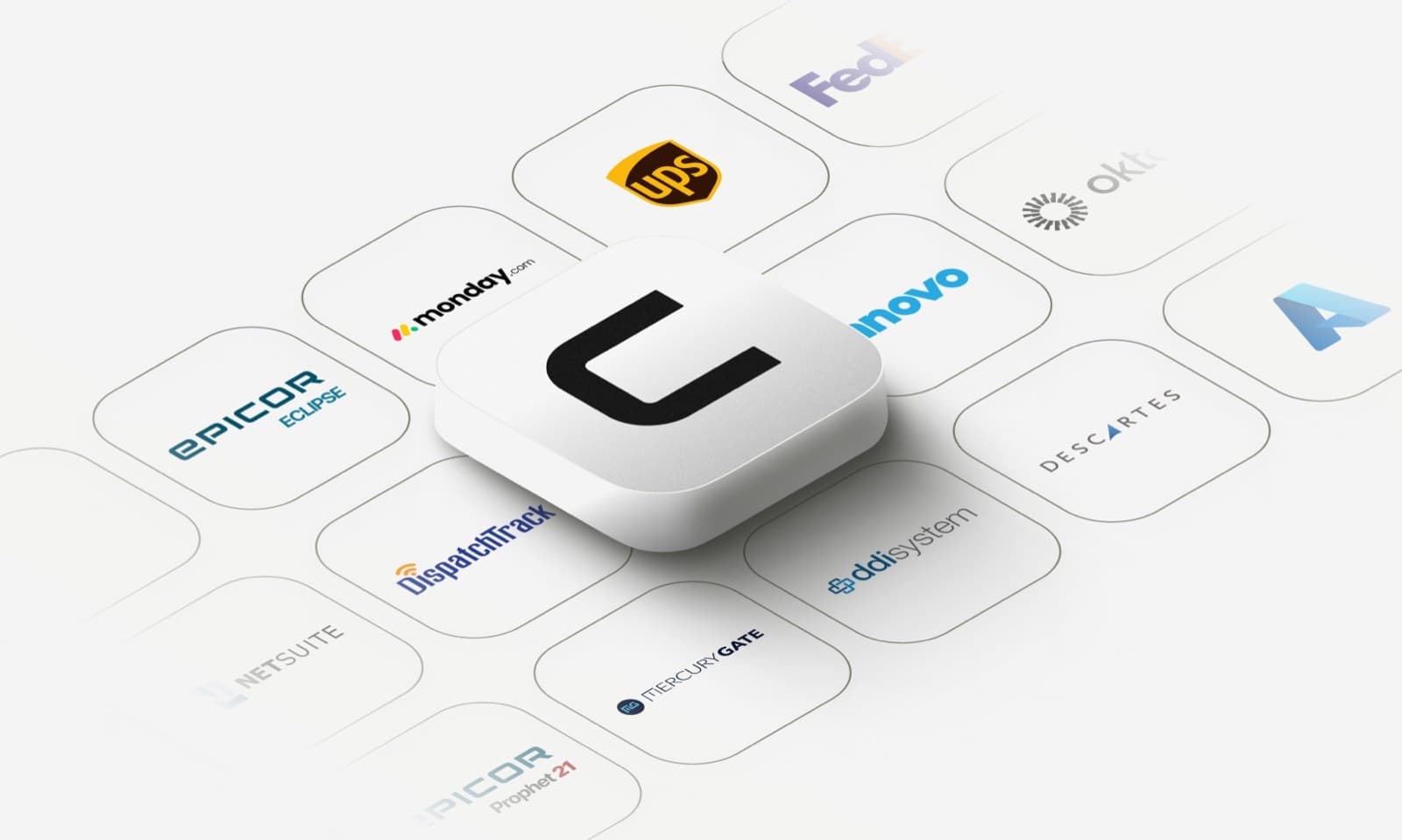 Grid of ERP integration logos — Epicor, NetSuite, Monday.com, Descartes, FedEx, UPS — centered around the Curri app icon