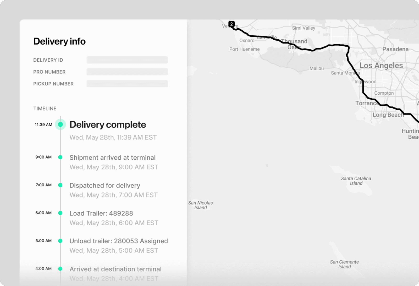Curri LTL delivery tracking dashboard — Delivery info panel with DELIVERY ID, PRO NUMBER, and PICKUP NUMBER alongside a timeline of shipment events (Delivery complete, Shipment arrived at terminal, Dispatched for delivery, Load trailer, Unload trailer assigned) and a live route map from Los Angeles to Long Beach