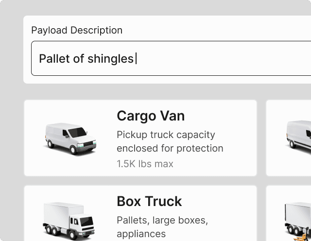 Curri booking form showing payload description and vehicle selection