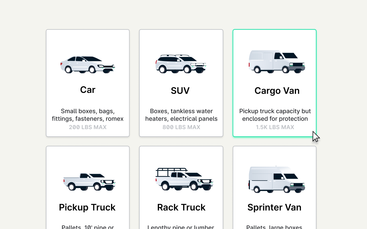 A selection of vehicle types offered by Curri, including Car (200 lbs max), SUV (800 lbs max), Cargo Van (1.5K lbs max), Pickup Truck, Rack Truck, and Sprinter Van. Each vehicle is labeled with common delivery items and weight capacity.