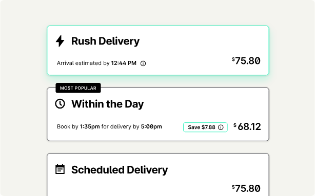Screenshot from Curri’s platform showing delivery options with prices for Rush Delivery, Within the Day, and Scheduled Delivery.