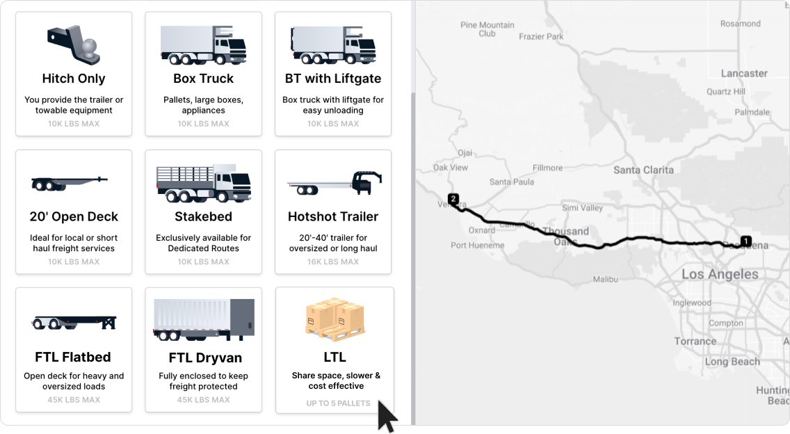 User interface showing Curri’s large vehicle options, including Hitch Only, Box Truck, BT with Liftgate, Open Deck, Stakebed, Hotshot Trailer, FTL Flatbed, FTL Dryvan, and LTL. The map on the right shows a tracked delivery route from Pasadena to Ventura, CA.