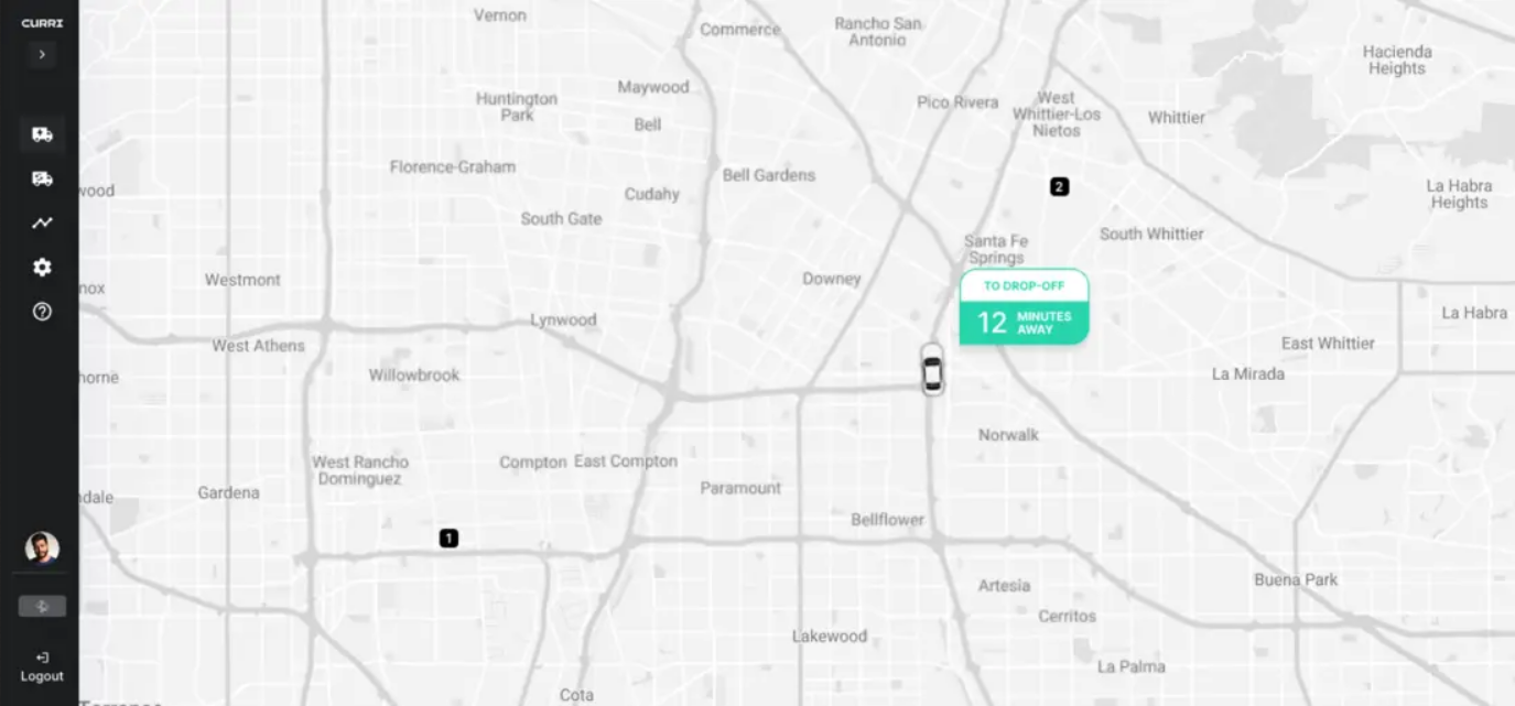 Map interface from Curri's delivery platform displaying a tracked vehicle en route to a drop-off location in Southern California, with a visible ETA of 12 minutes and numbered pickup and drop-off points.